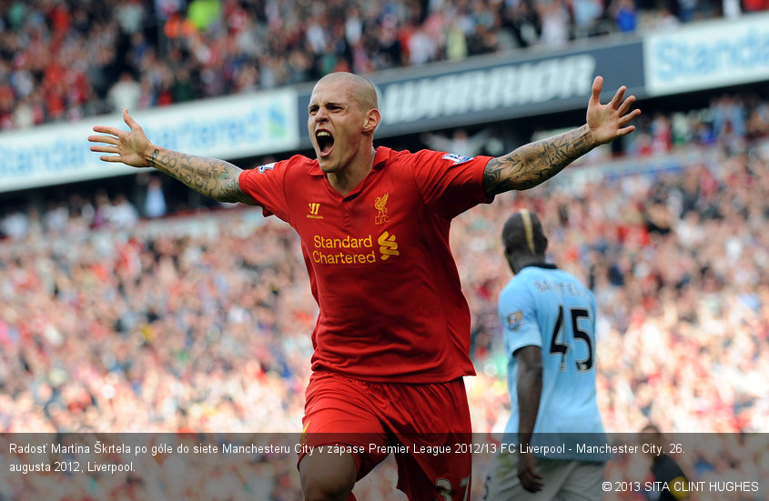 Radosť Martina Škrtela po góle do siete Manchesteru City v zápase Premier League 2012/13 FC Liverpool - Manchester City. 26. augusta 2012, Liverpool.