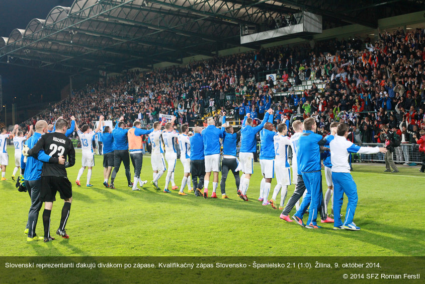 Slovenskí reprezentanti ďakujú divákom po zápase. Kvalifikačný zápas Slovensko - Španielsko 2:1 (1:0). Žilina, 9. október 2014.