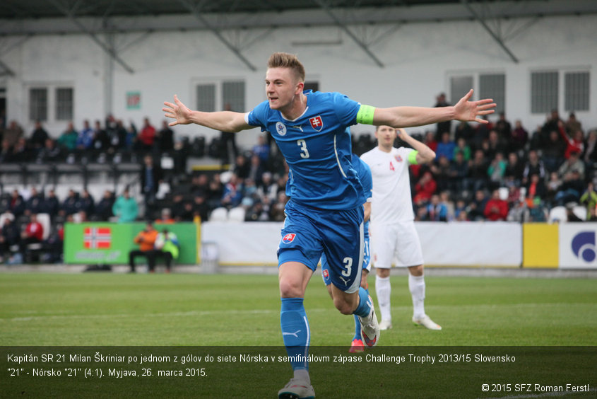 Kapitán SR 21 Milan Škriniar po jednom z gólov do siete Nórska v semifinálovm zápase Challenge Trophy 2013/15 Slovensko "21" - Nórsko "21" (4:1). Myjava, 26. marca 2015.