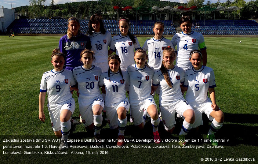 Základná zostava tímu SR WU17 v zápase s Bulharskom na turnaji UEFA Development, v ktorom po remíze 1:1 sme prehrali v penaltovom rozstrele 1:3. Hore zľava Rezeková, škulová, Czvedlerová, Polačiková, Lukáčová, Holá, Žemberyová, Dzurilová, Lemešová, Gembická, Kiškováčová.  Albena, 18. máj 2016.