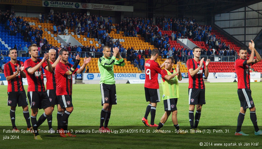 Futbalisti Spartaka Trnava po zápase 3. predkola Európskej Ligy 2014/2015 FC St. Johnstone - Spartak Trnava (1:2). Perth, 31. júla 2014.