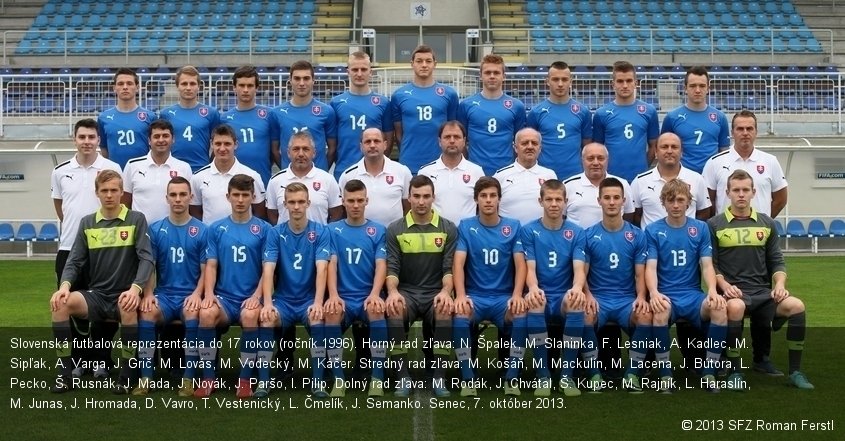 Slovenská futbalová reprezentácia do 17 rokov (ročník 1996). Horný rad zľava: N. Špalek, M. Slaninka, F. Lesniak, A. Kadlec, M. Sipľak, A. Varga, J. Grič, M. Lovás, M. Vodecký, M. Káčer. Stredný rad zľava: M. Košáň, M. Mackulín, M. Lacena, J. Bútora, L. Pecko, Š. Rusnák, J. Mada, J. Novák, J. Paršo, I. Pilip. Dolný rad zľava: M. Rodák, J. Chvátal, Š. Kupec, M. Rajník, L. Haraslín, M. Junas, J. Hromada, D. Vavro, T. Vestenický, L. Čmelík, J. Semanko. Senec, 7. október 2013.