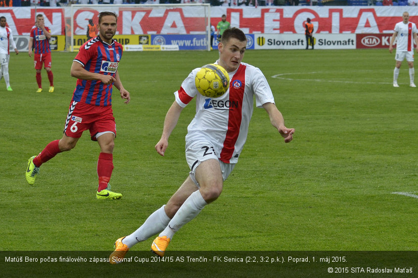 Matúš Bero počas finálového zápasu Slovnaf Cupu 2014/15 AS Trenčín - FK Senica (2:2, 3:2 p.k.). Poprad, 1. máj 2015.