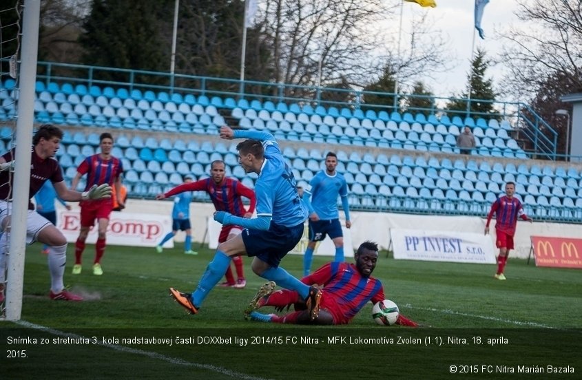 Snímka zo stretnutia 3. kola nadstavbovej časti DOXXbet ligy 2014/15 FC Nitra - MFK Lokomotíva Zvolen (1:1). Nitra, 18. apríla 2015.