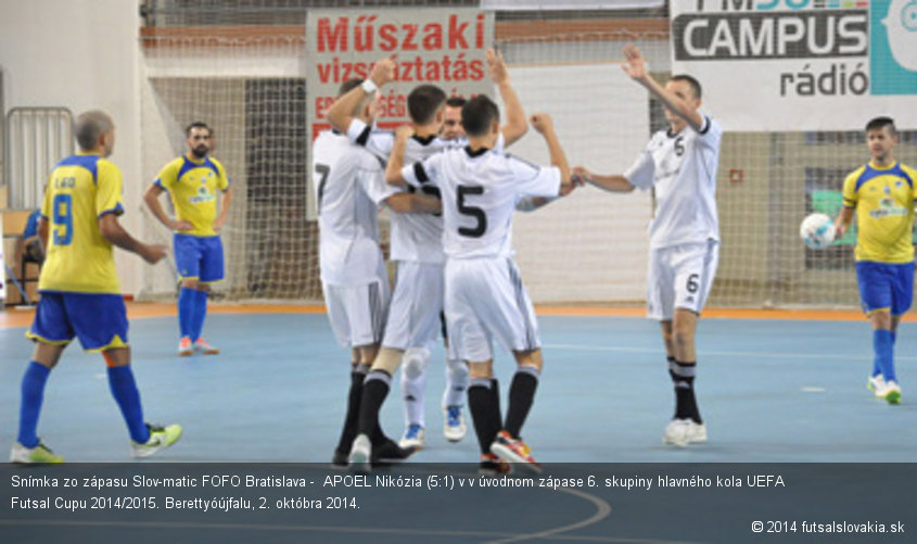 Snímka zo zápasu Slov-matic FOFO Bratislava -  APOEL Nikózia (5:1) v v úvodnom zápase 6. skupiny hlavného kola UEFA Futsal Cupu 2014/2015. Berettyóújfalu, 2. októbra 2014.