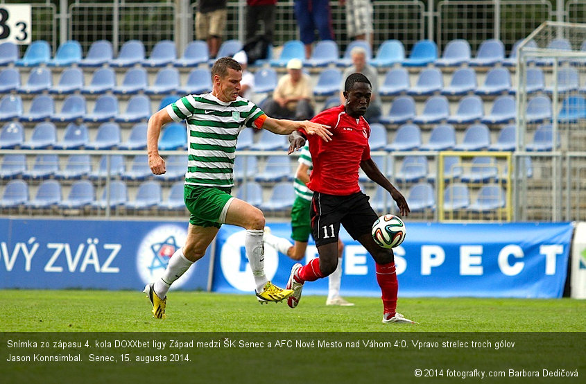 Snímka zo zápasu 4. kola DOXXbet ligy Západ medzi ŠK Senec a AFC Nové Mesto nad Váhom 4:0. Vpravo strelec troch gólov Jason Konnsimbal.  Senec, 15. augusta 2014.