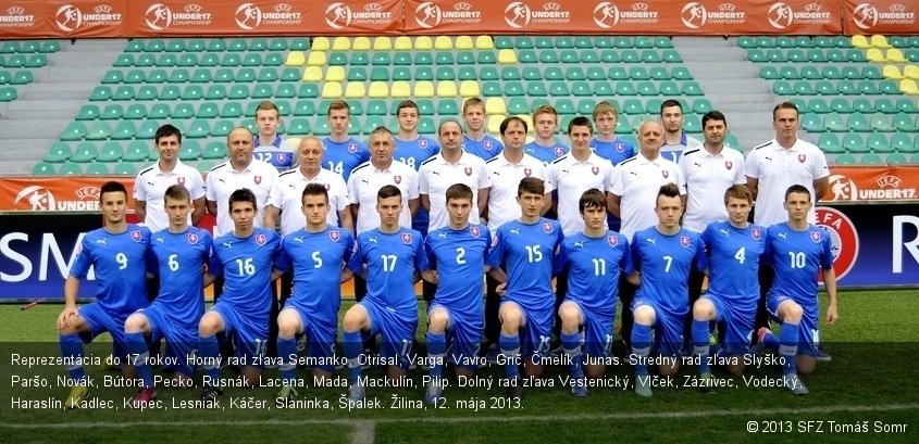 Reprezentácia do 17 rokov. Horný rad zľava Semanko, Otrísal, Varga, Vavro, Grič, Čmelík, Junas. Stredný rad zľava Slyško, Paršo, Novák, Bútora, Pecko, Rusnák, Lacena, Mada, Mackulín, Pilip. Dolný rad zľava Vestenický, Vlček, Zázrivec, Vodecký, Haraslín, Kadlec, Kupec, Lesniak, Káčer, Slaninka, Špalek. Žilina, 12. mája 2013.