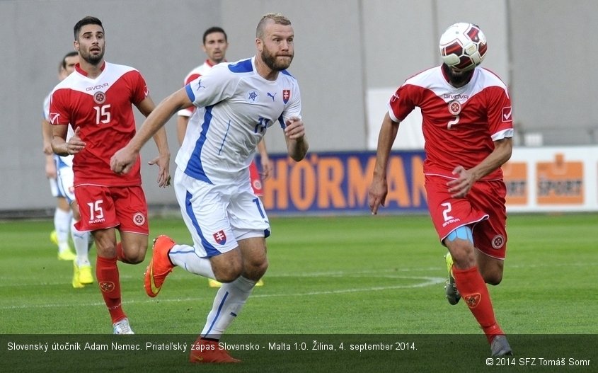 Slovenský útočník Adam Nemec. Priateľský zápas Slovensko - Malta 1:0. Žilina, 4. september 2014.