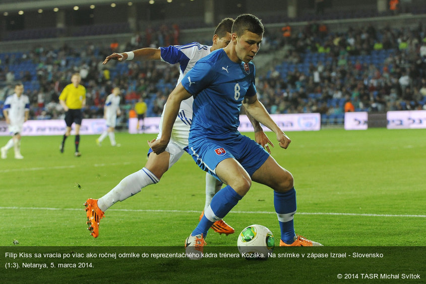 Filip Kiss sa vracia po viac ako ročnej odmlke do reprezentačného kádra trénera Kozáka. Na snímke v zápase Izrael - Slovensko (1:3). Netanya, 5. marca 2014.