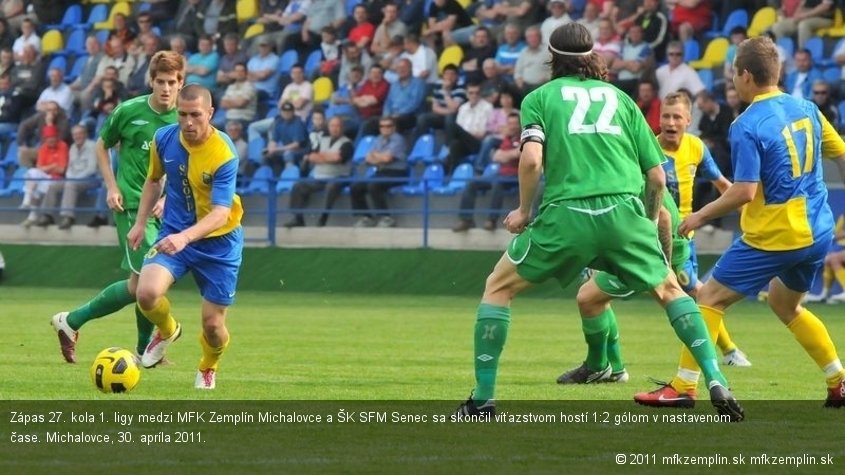 Zápas 27. kola 1. ligy medzi MFK Zemplín Michalovce a ŠK SFM Senec sa skončil víťazstvom hostí 1:2 gólom v nastavenom čase. Michalovce, 30. apríla 2011.