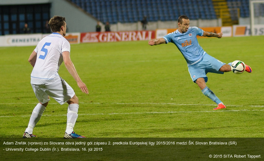 Adam Zreľák (vpravo) zo Slovana dáva jediný gól zápasu 2. predkola Európskej ligy 2015/2016 medzi ŠK Slovan Bratislava (SR) - University College Dublin (Ír.). Bratislava, 16. júl 2015