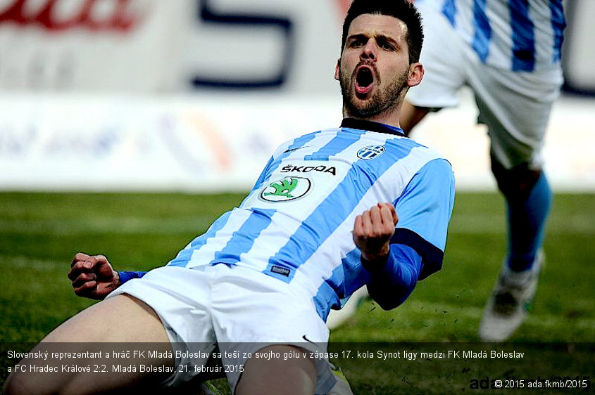 Slovenský reprezentant a hráč FK Mladá Boleslav sa teší zo svojho gólu v zápase 17. kola Synot ligy medzi FK Mladá Boleslav a FC Hradec Králové 2:2. Mladá Boleslav, 21. február 2015