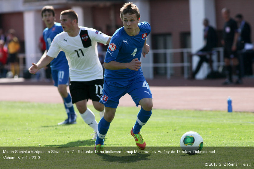 Martin Slaninka v zápase s Slovensko 17 - Rakúsko 17 na finálovom turnaji Majstrovstiev Európy do 17 rokov. Dubnica nad Váhom, 5. mája 2013.