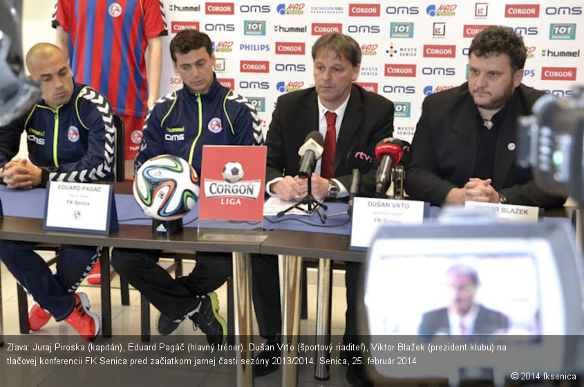 Zľava: Juraj Piroska (kapitán), Eduard Pagáč (hlavný tréner), Dušan Vrťo (športový riaditeľ), Viktor Blažek (prezident klubu) na tlačovej konferencii FK Senica pred začiatkom jarnej časti sezóny 2013/2014. Senica, 25. február 2014.