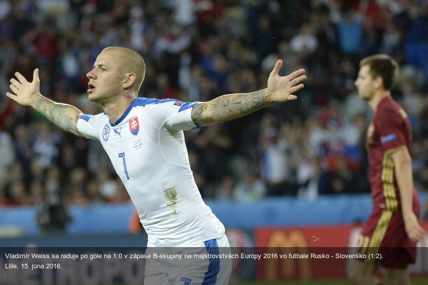 Vladimír Weiss sa raduje po góle na 1:0 v zápase B-skupiny na majstrovstvách Európy 2016 vo futbale Rusko - Slovensko (1:2). Lille, 15. júna 2016.