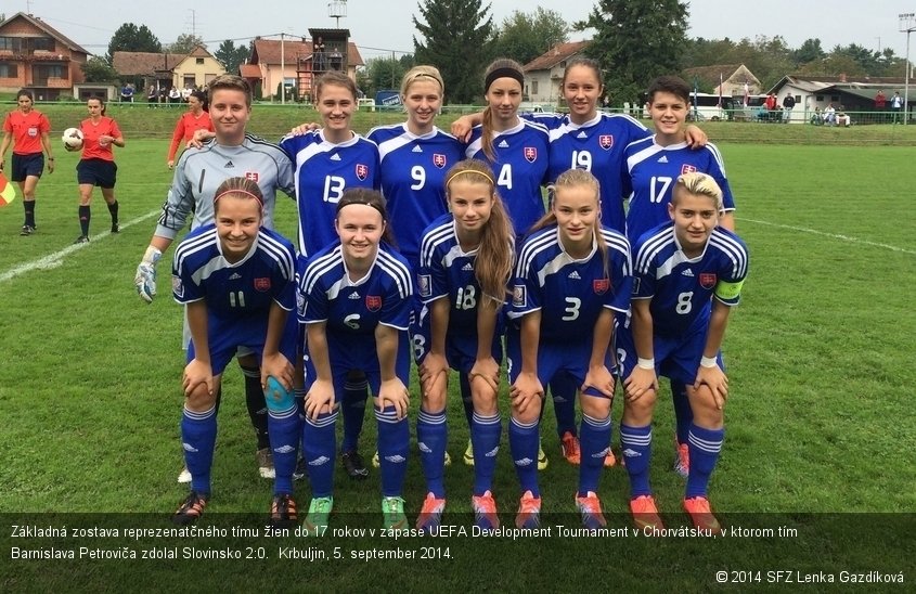 Základná zostava reprezenatčného tímu žien do 17 rokov v zápase UEFA Development Tournament v Chorvátsku, v ktorom tím Barnislava Petroviča zdolal Slovinsko 2:0.  Krbuljin, 5. september 2014.