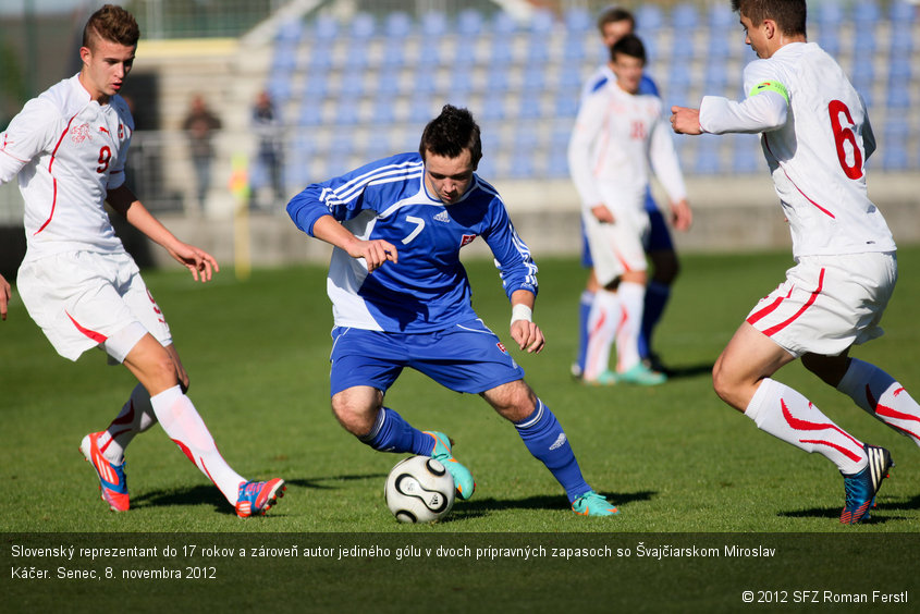 Slovenský reprezentant do 17 rokov a zároveň autor jediného gólu v dvoch prípravných zapasoch so Švajčiarskom Miroslav Káčer. Senec, 8. novembra 2012