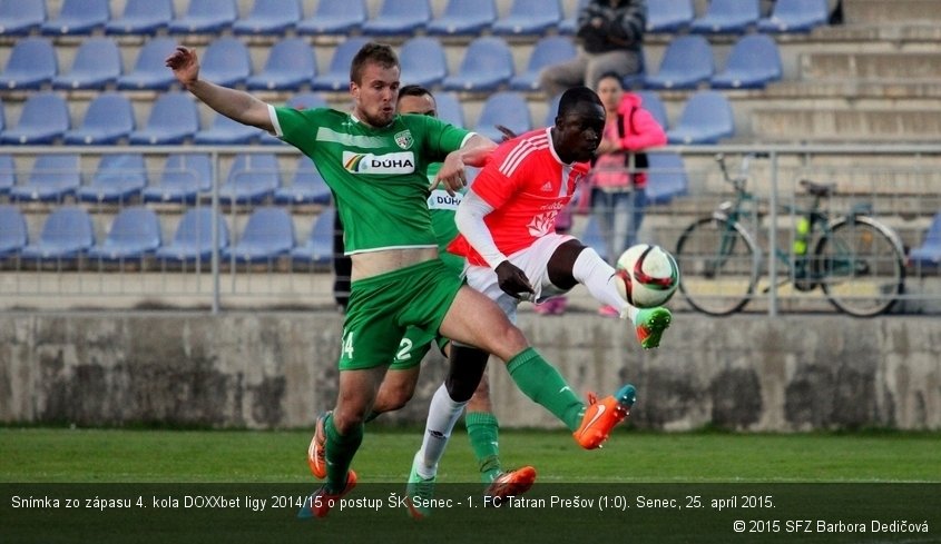 Snímka zo zápasu 4. kola DOXXbet ligy 2014/15 o postup ŠK Senec - 1. FC Tatran Prešov (1:0). Senec, 25. apríl 2015.