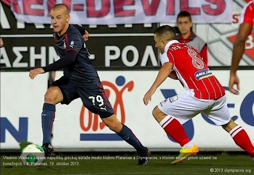 Vladimír Weiss v zápase najvyššej gréckej súťaže medzi klubmi Platanias a Olympiacos, v ktorom svojim gólom uzavrel na konečných 1:4. Platanias, 19. október 2013.