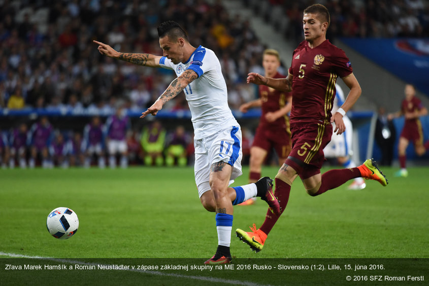 Zľava Marek Hamšík a Roman Neustädter v zápase základnej skupiny na ME 2016 Rusko - Slovensko (1:2). Lille, 15. júna 2016.