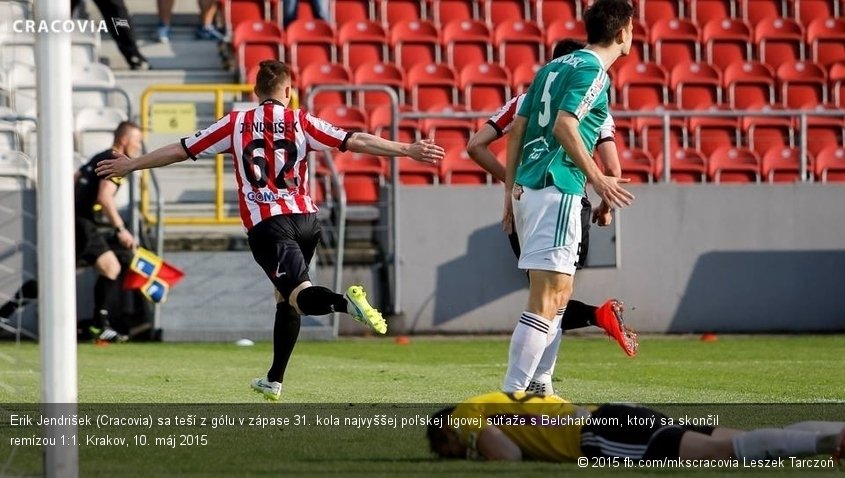 Erik Jendrišek (Cracovia) sa teší z gólu v zápase 31. kola najvyššej poľskej ligovej súťaže s Belchatówom, ktorý sa skončil remízou 1:1. Krakov, 10. máj 2015