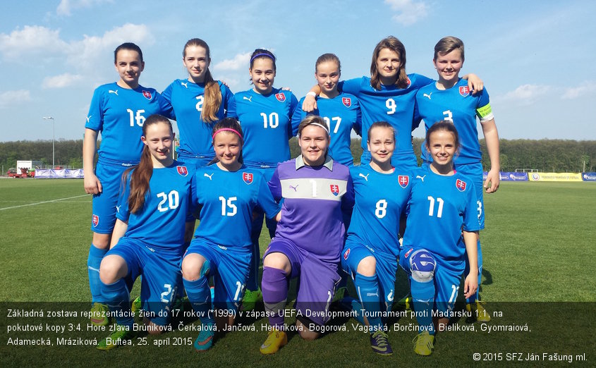 Základná zostava reprezentácie žien do 17 rokov (*1999) v zápase UEFA Development Tournament proti Maďarsku 1:1, na pokutové kopy 3:4. Hore zľava Brúniková, Čerkalová, Jančová, Herbríková, Bogorová, Vagaská, Borčinová, Bieliková, Gyomraiová, Adamecká, Mráziková.  Buftea, 25. apríl 2015