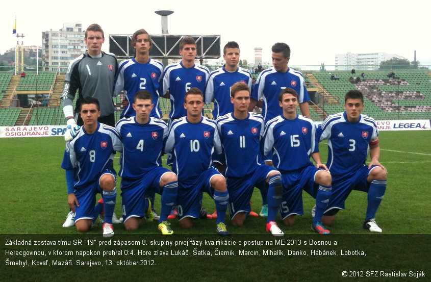 Základná zostava tímu SR "19" pred zápasom 8. skupiny prvej fázy kvalifikácie o postup na ME 2013 s Bosnou a Herecgovinou, v ktorom napokon prehral 0:4. Hore zľava Lukáč, Šatka, Čiernik, Marcin, Mihalík, Danko, Habánek, Lobotka, Šmehyl, Kovaľ, Mazáň. Sarajevo, 13. október 2012.