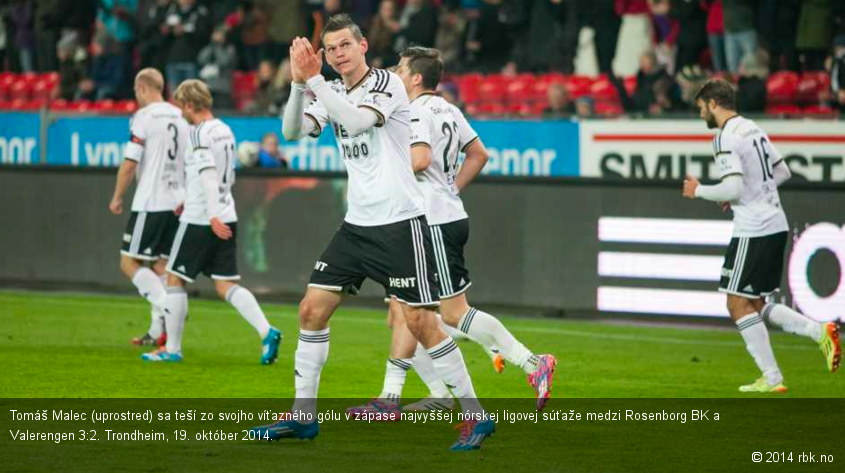 Tomáš Malec (uprostred) sa teší zo svojho víťazného gólu v zápase najvyššej nórskej ligovej súťaže medzi Rosenborg BK a Valerengen 3:2. Trondheim, 19. október 2014.