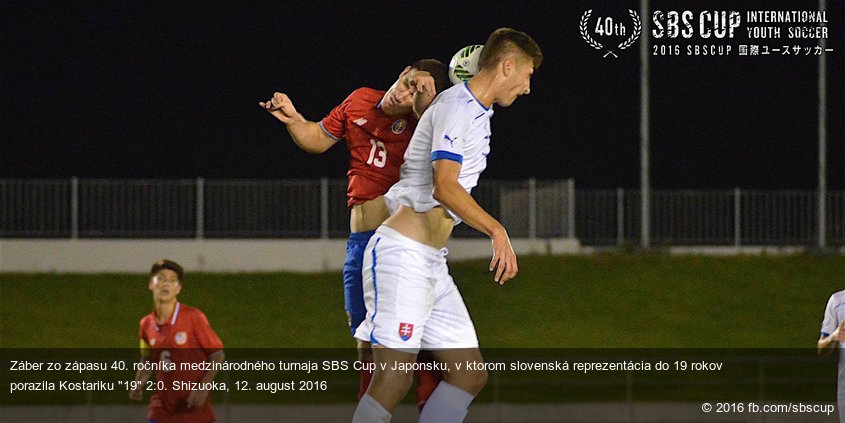 Záber zo zápasu 40. ročníka medzinárodného turnaja SBS Cup v Japonsku, v ktorom slovenská reprezentácia do 19 rokov porazila Kostariku "19" 2:0. Shizuoka, 12. august 2016