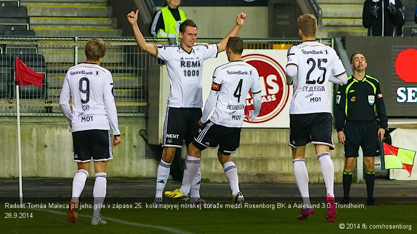 Radosť Tomáa Maleca po jeho góle v zápase 25. kola najvyej nórskej súťaže medzi Rosenborg BK a Aalesund 3:0. Trondheim, 28.9.2014