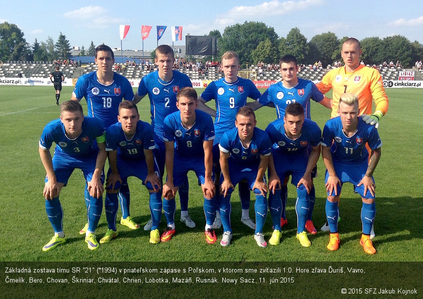 Základná zostava tímu SR "21" (*1994) v priateľskom zápase s Poľskom, v ktorom sme zvíťazili 1:0. Hore zľava Ďuriš, Vavro, Čmelík, Bero, Chovan, Škriniar, Chvátal, Chrien, Lobotka, Mazáň, Rusnák. Nowy Sacz, 11. jún 2015