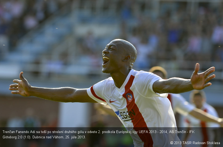 Trenčan Fanendo Adi sa teší po strelení druhého gólu v odvete 2. predkola Európskej ligy UEFA 2013 - 2014, AS Trenčín - IFK Göteborg 2:0 (1:0). Dubnica nad Váhom, 25. júla 2013.