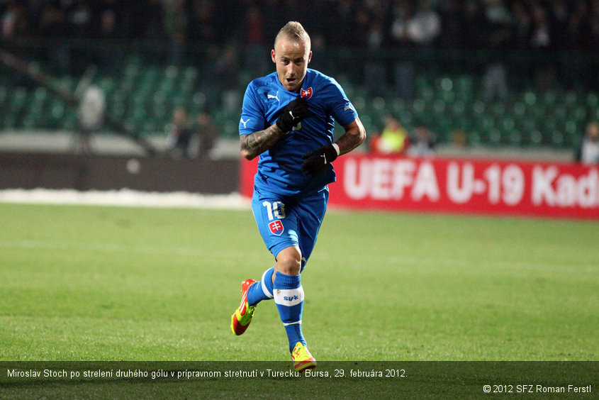 Miroslav Stoch po strelení druhého gólu v prípravnom stretnutí v Turecku. Bursa, 29. februára 2012.