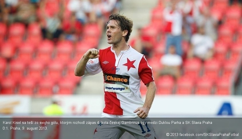 Karol Kisel sa teší zo svojho gólu, ktorým rozhodl zápas 4. kola českej Gambrinus ligy medzi Duklou Parha a SK Slavia Praha 0:1. Praha, 9. august 2013.