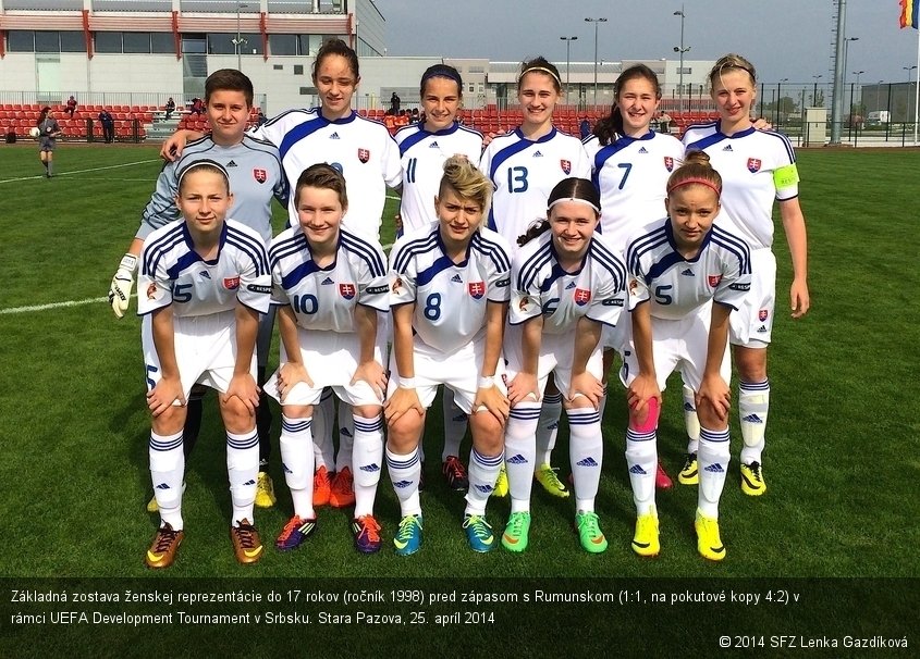 Základná zostava ženskej reprezentácie do 17 rokov (ročník 1998) pred zápasom s Rumunskom (1:1, na pokutové kopy 4:2) v rámci UEFA Development Tournament v Srbsku. Stara Pazova, 25. apríl 2014