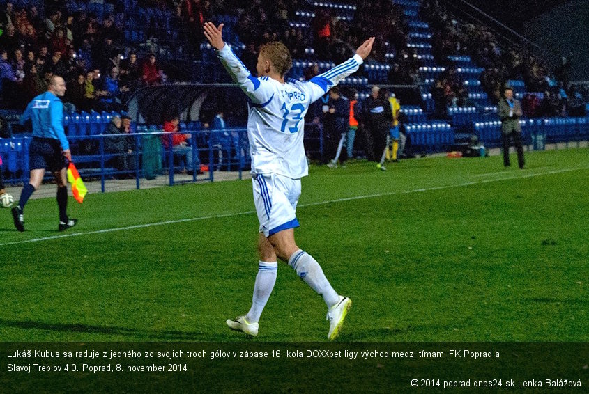 Lukáš Kubus sa raduje z jedného zo svojich troch gólov v zápase 16. kola DOXXbet ligy východ medzi tímami FK Poprad a Slavoj Trebiov 4:0. Poprad, 8. november 2014