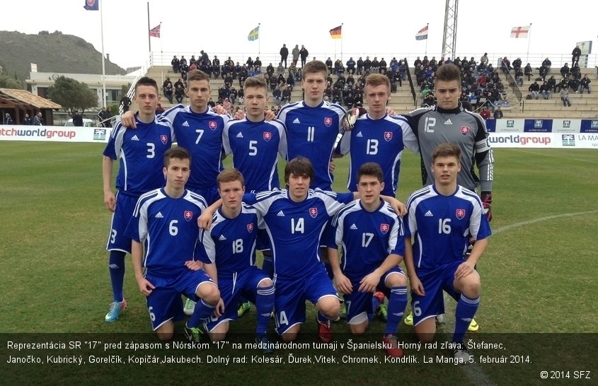 Reprezentácia SR "17" pred zápasom s Nórskom "17" na medzinárodnom turnaji v Španielsku. Horný rad zľava: Štefanec, Janočko, Kubrický, Gorelčík, Kopičár,Jakubech. Dolný rad: Kolesár, Ďurek,Vitek, Chromek, Kondrlík. La Manga, 5. február 2014.