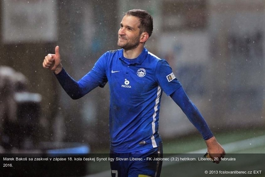 Marek Bakoš sa zaskvel v zápase 18. kola českej Synot ligy Slovan Liberec - FK Jablonec (3:2) hetrikom. Liberec, 20. februára 2016.