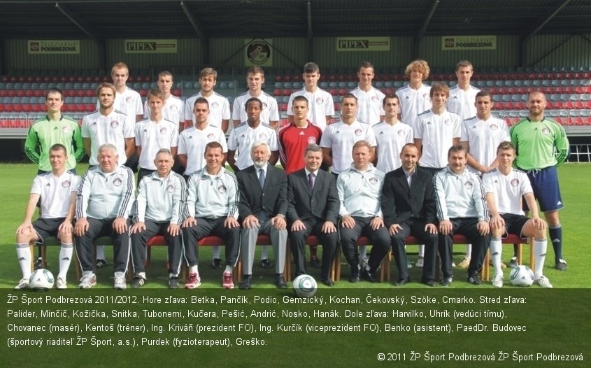 ŽP Šport Podbrezová 2011/2012. Hore zľava: Betka, Pančík, Podio, Gemzický, Kochan, Čekovský, Szöke, Cmarko. Stred zľava: Palider, Minčič, Kožička, Snitka, Tubonemi, Kučera, Pešić, Andrić, Nosko, Hanák. Dole zľava: Harvilko, Uhrík (vedúci tímu), Chovanec (masér), Kentoš (tréner), Ing. Kriváň (prezident FO), Ing. Kurčík (viceprezident FO), Benko (asistent), PaedDr. Budovec (športový riaditeľ ŽP Šport, a.s.), Purdek (fyzioterapeut), Greško.