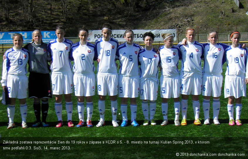 Základná zostava reprezentácie žien do 19 rokov v zápase s KĽDR o 5. - 8. miesto na turnaji Kuban Spring 2013, v ktorom sme podľahli 0:3. Soči, 14. marec 2013.