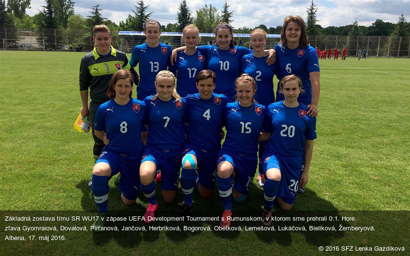 Základná zostava tímu SR WU17 v zápase UEFA Development Tournament s Rumunskom, v ktorom sme prehrali 0:1. Hore zľava Gyomraiová, Dovalová, Pirťanová, Jančová, Herbríková, Bogorová, Obetková, Lemešová, Lukáčová, Bieliková, Žemberyová. Albena, 17. máj 2016.