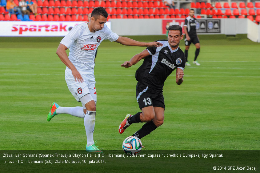 Zľava: Ivan Schranz (Spartak Trnava) a Clayton Failla (FC Hibernians) v odvetnom zápase 1. predkola Európskej ligy Spartak Trnava - FC Hibernians (5:0). Zlaté Moravce, 10. júla 2014.