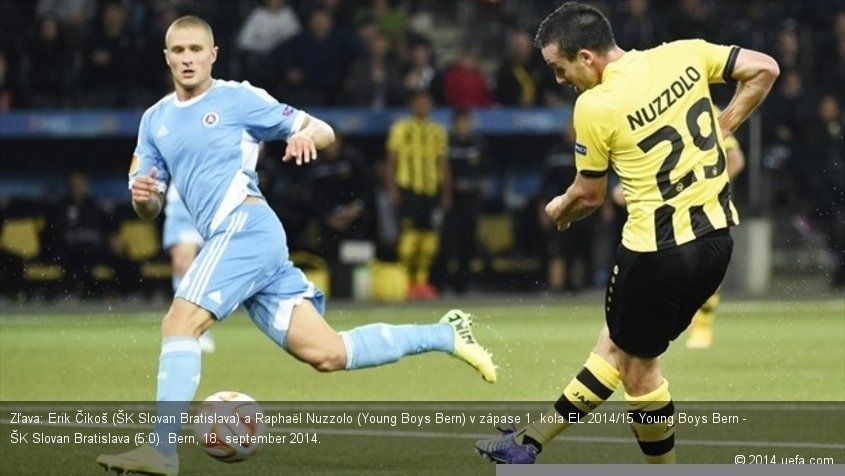 Zľava: Erik Čikoš (ŠK Slovan Bratislava) a Raphaël Nuzzolo (Young Boys Bern) v zápase 1. kola EL 2014/15 Young Boys Bern - ŠK Slovan Bratislava (5:0). Bern, 18. september 2014.