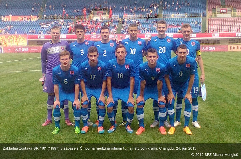 Základná zostava SR "18" (*1997) v zápase s Čínou na medzinárodnom turnaji štyroch krajín. Changdu, 24. jún 2015